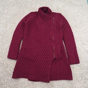 Irelands Eye Wool Sweater Womens M Maroon Red Side Zip Pockets Cable‎ Knit Heavy